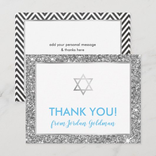 MODERN BAR MITZVAH dank u koele zilveren glitter Bedankkaart (Voorkant / Achterkant)
