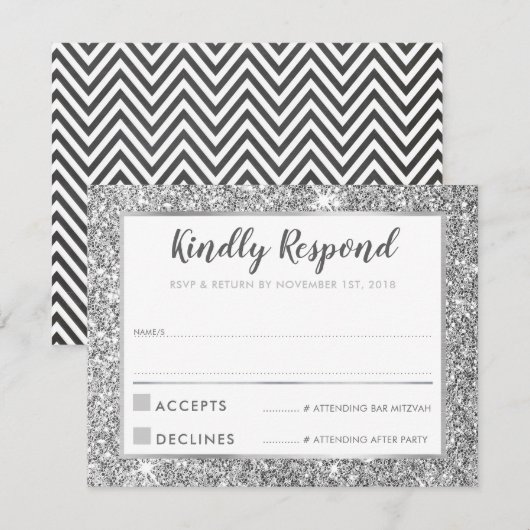 MODERN BAR MITZVAH dank u koele zilveren glitter Kaart (Voorkant / Achterkant)