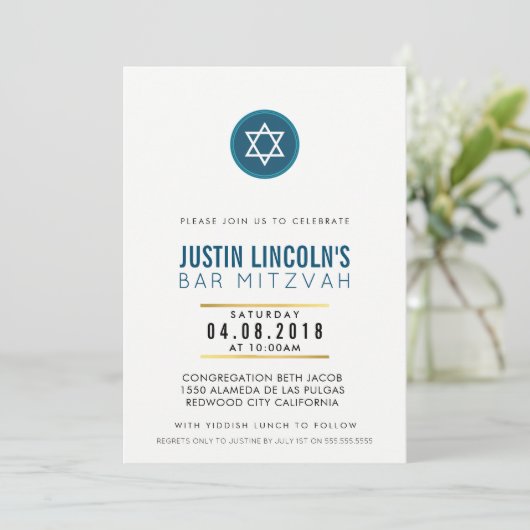 MODERN BAR MITZVAH feest UITNODIGEN koel donkerbla Kaart (Staand voorkant)