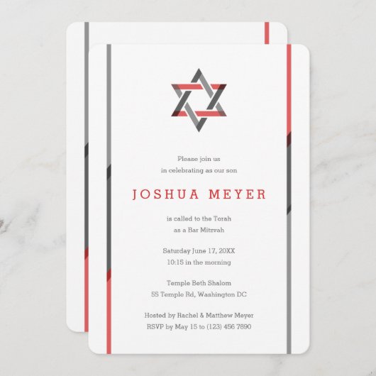 Modern Bar Mitzvah Invitaties | Rood en zwart Kaart (Voorkant / Achterkant)