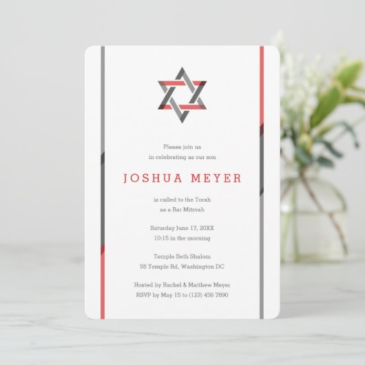 Modern Bar Mitzvah Invitaties | Rood en zwart Kaart (Staand voorkant)