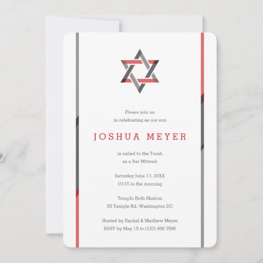 Modern Bar Mitzvah Invitaties | Rood en zwart Kaart (Voorkant)