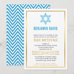 MODERN BAR MITZVAH INVITE Gold Blue jewish star Kaart
