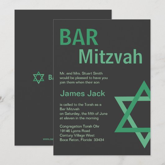 Modern Bar Mitzvah Invitiation - Groen & grijs Kaart (Voorkant / Achterkant)