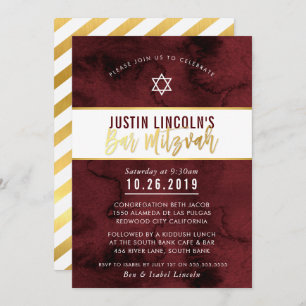 MODERN BAR MITZVAH maroon red waterverf gouden typ Kaart