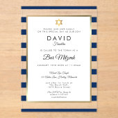 Modern Bar Mitzvah Navy Blue Stripe Gold Acryl Uitnodigingen (Voorkant)
