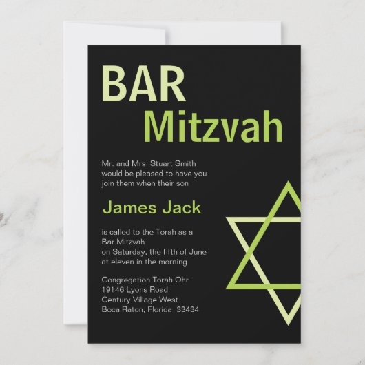 Modern Bar Mitzvah nodiging - Groen & Zwart Kaart (Voorkant)