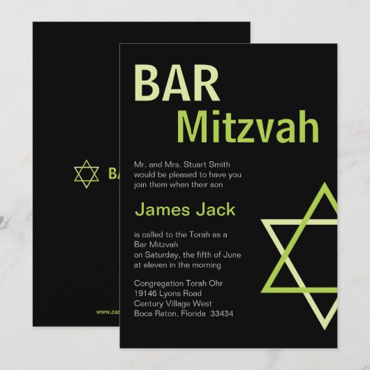 Modern Bar Mitzvah nodiging - Groen & Zwart Kaart (Voorkant / Achterkant)