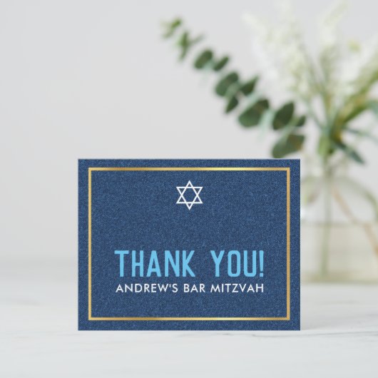 MODERN BAR MITZVAH slim vet dank u denim blauw Bedankkaart (Staand voorkant)