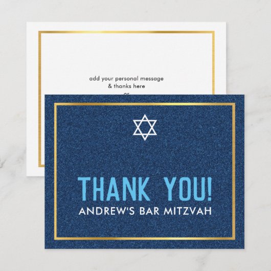 MODERN BAR MITZVAH slim vet dank u denim blauw Bedankkaart (Voorkant / Achterkant)