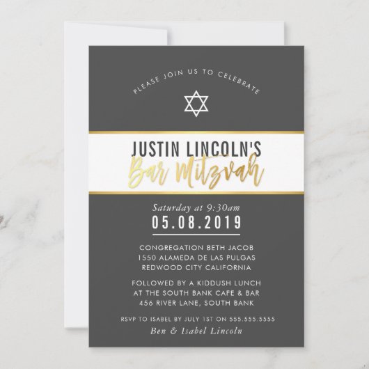 MODERN BAR MITZVAH stijlvol donkergrijs goud schri Kaart (Voorkant)