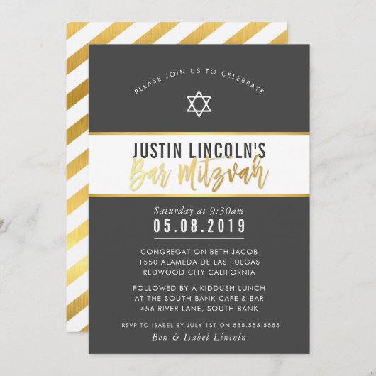 MODERN BAR MITZVAH stijlvol donkergrijs goud schri Kaart (Voorkant / Achterkant)