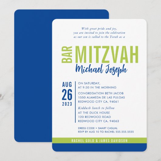 MODERN BAR MITZVAH trendy date blauw lime groen Kaart (Voorkant / Achterkant)