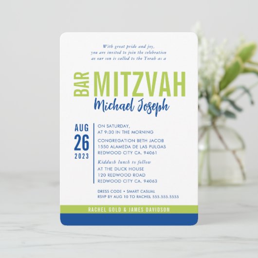 MODERN BAR MITZVAH trendy date blauw lime groen Kaart (Staand voorkant)