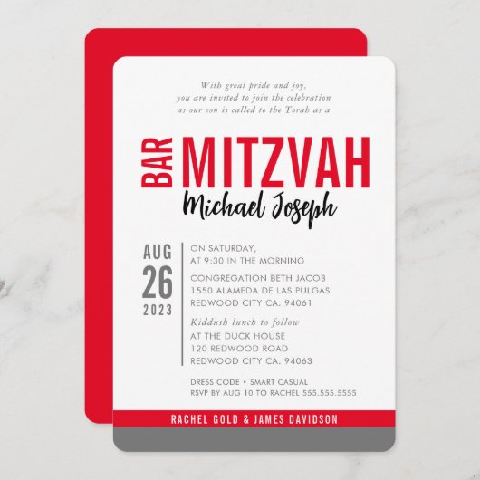 MODERN BAR MITZVAH trendy date rood zwart grijs Kaart (Voorkant / Achterkant)