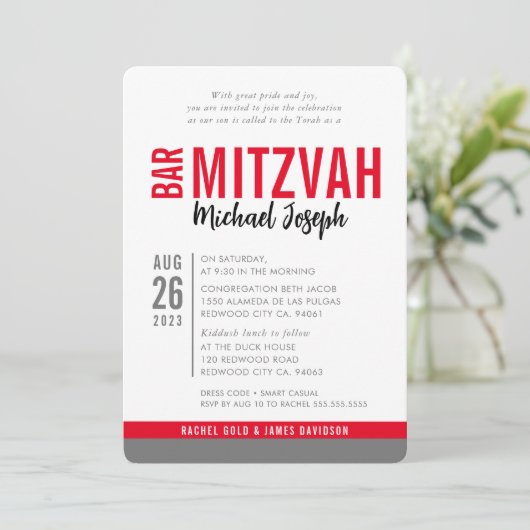 MODERN BAR MITZVAH trendy date rood zwart grijs Kaart (Staand voorkant)