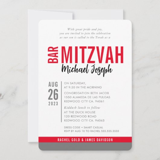 MODERN BAR MITZVAH trendy date rood zwart grijs Kaart (Voorkant)