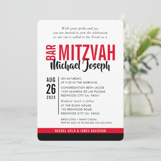 MODERN BAR MITZVAH trendy datum rood zwart Kaart (Staand voorkant)