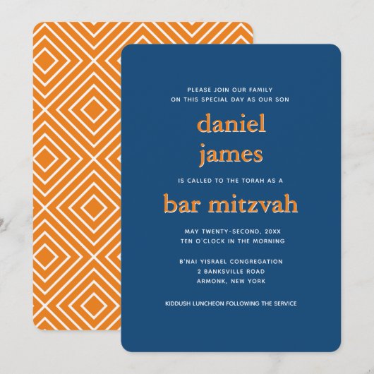 Modern Bar Mitzvah Typografie Blue Oranje Kaart (Voorkant / Achterkant)