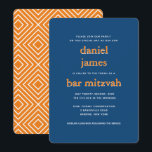 Modern Bar Mitzvah Typografie Blue Oranje Kaart<br><div class="desc">Deze moderne uitnodiging is voorzien van vetgedrukte letters aan de voorkant en een modern patroon aan de achterkant. Gebruik de vorm van de sjabloon om uw douanetekst toe te voegen. De functie Aanpassen kan worden gebruikt om het lettertype,  de lay-out en de kleuren te wijzigen.</div>
