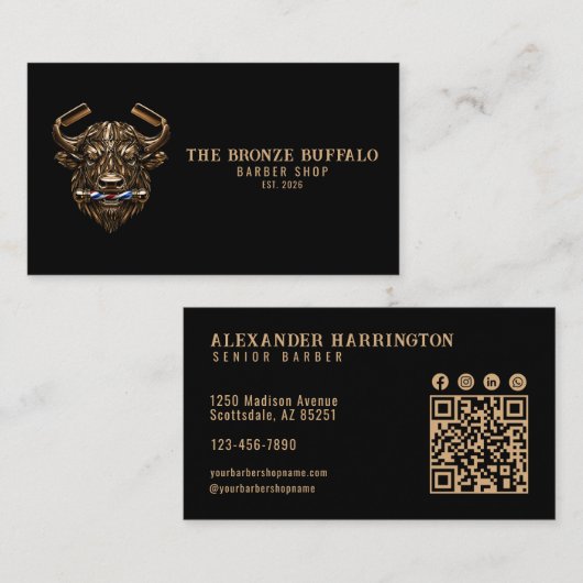 Modern Barber Bronze Buffalo Kapperszaak Qr Code Visitekaartje (Voorkant / Achterkant)