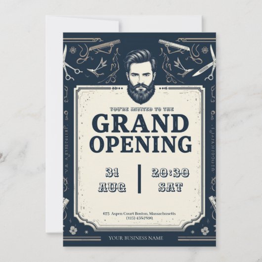 Modern Barber Shop Grand Opening Uitnodiging (Voorkant)