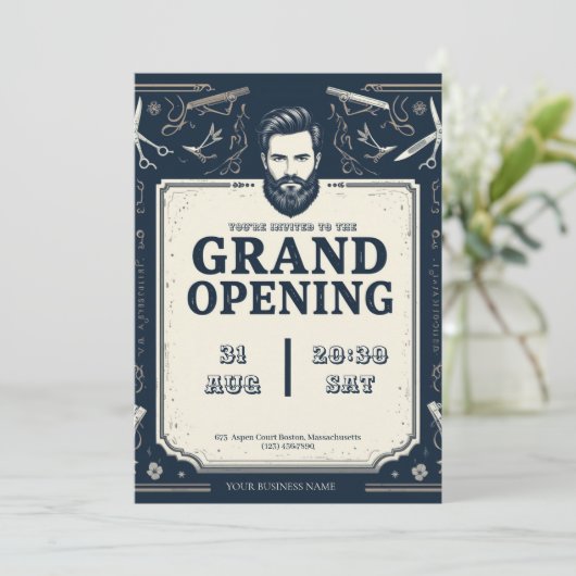 Modern Barber Shop Grand Opening Uitnodiging (Staand voorkant)