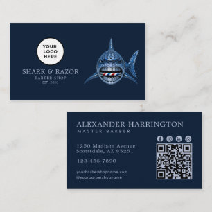 Modern Barberwinkel Stalen Haaienlogo Qr-code Visitekaartje