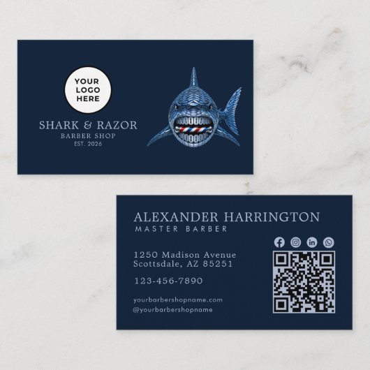 Modern Barberwinkel Stalen Haaienlogo Qr-code Visitekaartje (Voorkant / Achterkant)