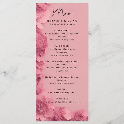 Modern barbie geïnspireerd roze bloemenbruiloft me menu (Voorkant)