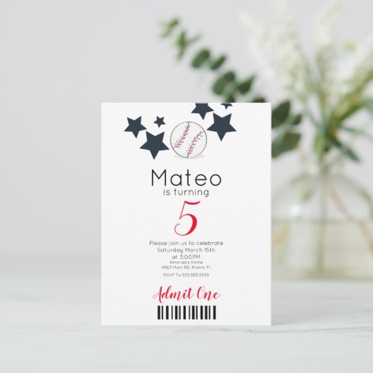 Modern Baseball Pattern Ticket Style Party Briefkaart (Staand voorkant)