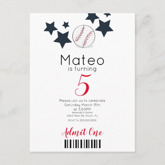 Modern Baseball Pattern  Ticket Style Party    Briefkaart (Voorkant)