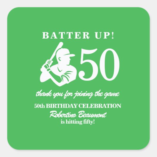 Modern Baseball Player Men's 50th Birthday Vierkante Sticker (Voorkant)