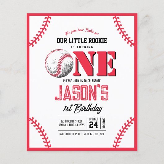 Modern Baseball Stitch Budget 1e Verjaardag Uitnod (Voorkant)