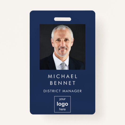 Modern Basic Navy Blue Corporate Photo ID Badge (Voorkant)