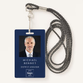 Modern Basic Navy Blue Corporate Photo ID Badge (Voorkant met draagriem)