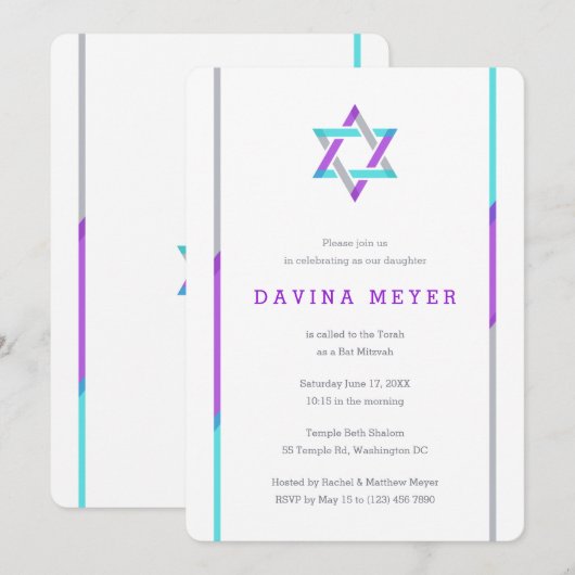 Modern Bat Mitzvah Invitations | PAARS + BLAUWGROE Kaart (Voorkant / Achterkant)