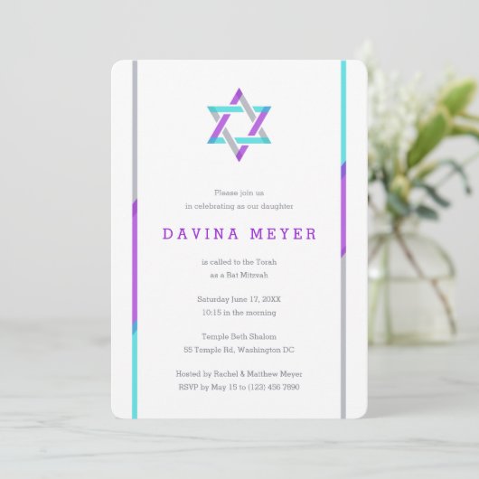 Modern Bat Mitzvah Invitations | PAARS + BLAUWGROE Kaart (Staand voorkant)