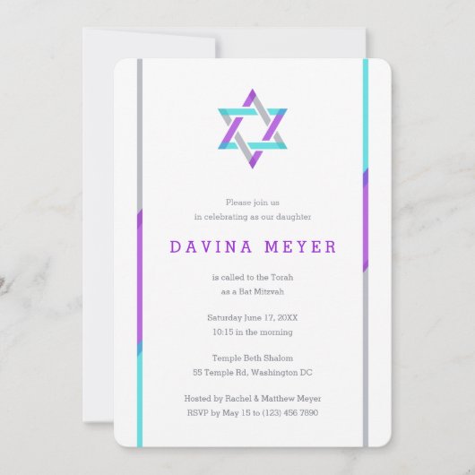 Modern Bat Mitzvah Invitations | PAARS + BLAUWGROE Kaart (Voorkant)