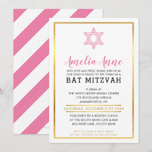 MODERN BAT MITZVAH INVITE gouden roze joodse ster Kaart