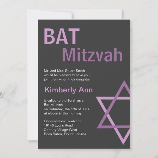 Modern Bat Mitzvah Invitiation - Donkergrijs en ro Kaart (Voorkant)