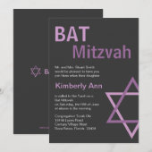 Modern Bat Mitzvah Invitiation - Donkergrijs en ro Kaart (Voorkant / Achterkant)