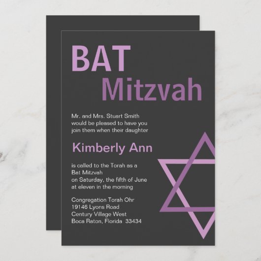 Modern Bat Mitzvah Invitiation - Donkergrijs en ro Kaart (Voorkant / Achterkant)