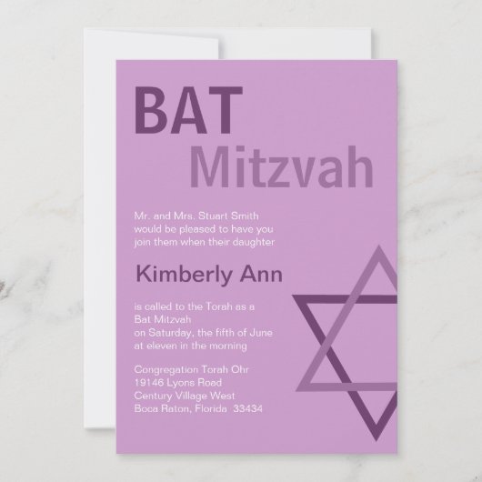 Modern Bat Mitzvah Invitio - Paars en roze Kaart (Voorkant)