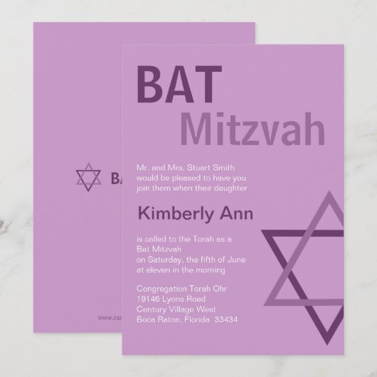 Modern Bat Mitzvah Invitio - Paars en roze Kaart (Voorkant / Achterkant)