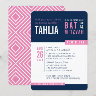 MODERN BAT MITZVAH vet blok marine roze wit Kaart