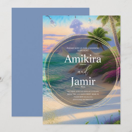 Modern Beach Background Glitter Gold Wedding Kaart (Voorkant / Achterkant)