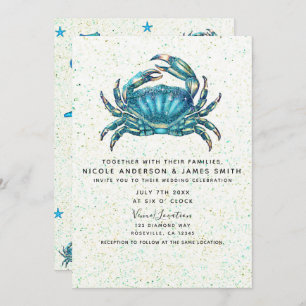 Modern Beach Blue Crab Starfish Seahorse Weddensch Kaart
