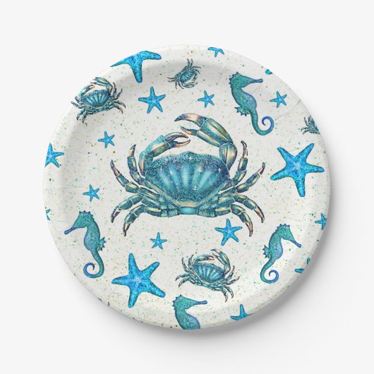 Modern Beach Blue Crab Zeepaardje Party Papieren Bordje (Voorkant)
