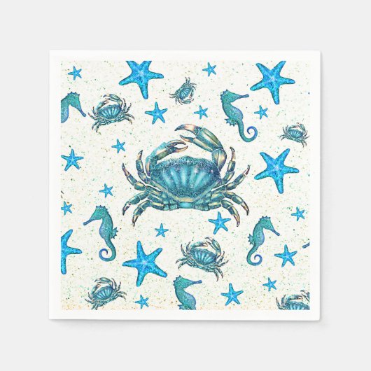 Modern Beach Blue Crab Zeepaardje Party Servet (Voorkant)